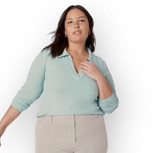 Lane Bryant Classic Long-Sleeve V-Neck Polo Ribbed Tee 22/24 Aqua Mint Green